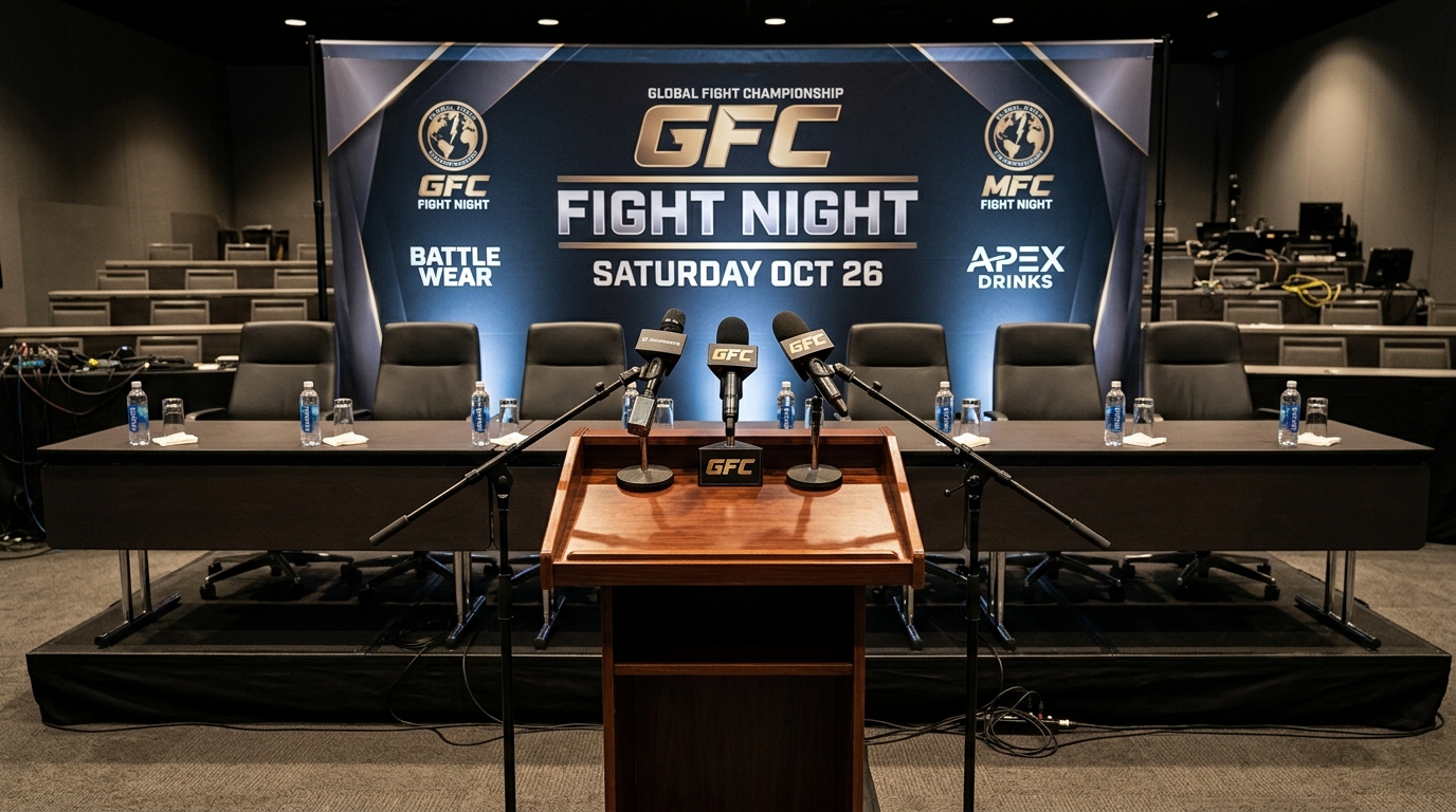 Empty press-conference dais, promotion banners behind it